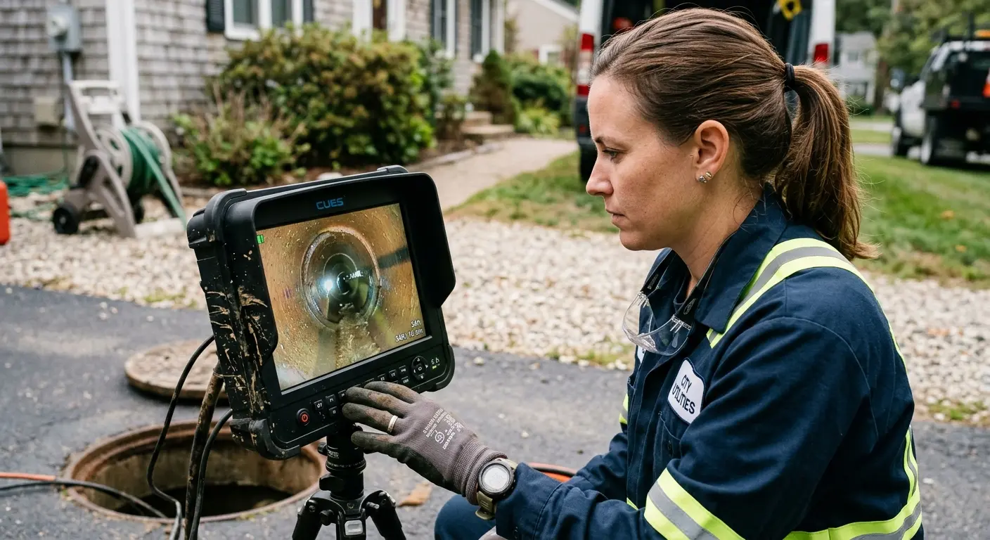 Technician reviewing sewer camera inspection footage in Old Orchard Beach