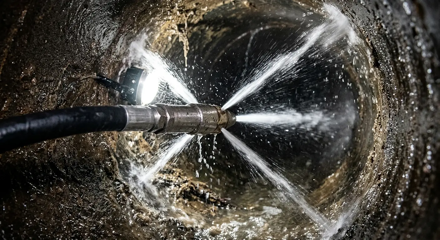 High-pressure hydro jetting nozzle cleaning sewer pipe for Emergency Drain Service in Old Orchard Beach