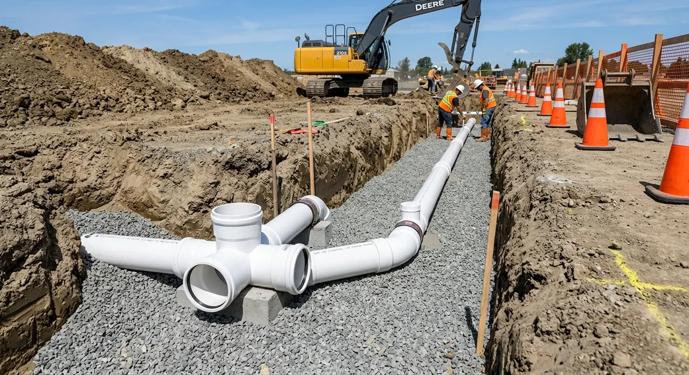 New PVC sewer pipe installation in open trench for Commercial Drain Cleaning in Old Orchard Beach