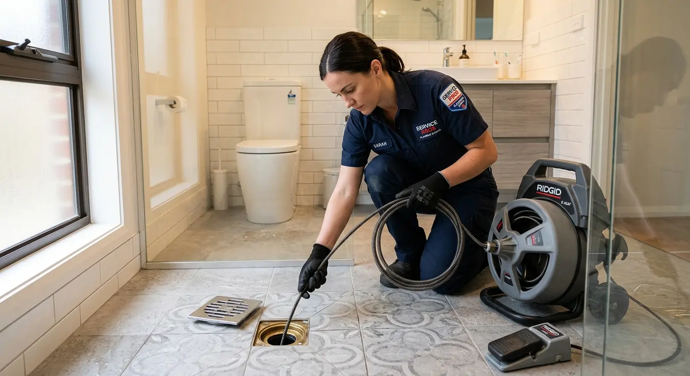 Technician clearing a bathroom floor drain for Sewer Line Replacement in Old Orchard Beach